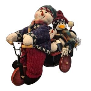 Rustic Country Christmas Snowman & Friends Wooden Wheel Tricycle Holiday Decor